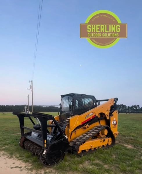 Compact track loader with a mulching head on a cleared Alabama Gulf Coast field